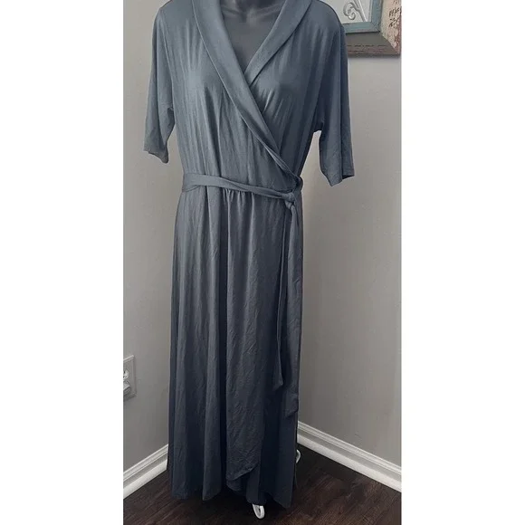 Quince Tencel Jersey Midi Wrap Dress Dark Olive Basic Sleeved XL Stretch NWT - Picture 2 of 8